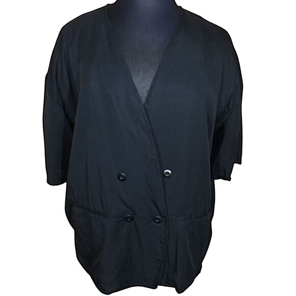 Terea By Andrea Pitter Black Button Front Short Sleeve Challis Top Plus Size 2X - Picture 1 of 8